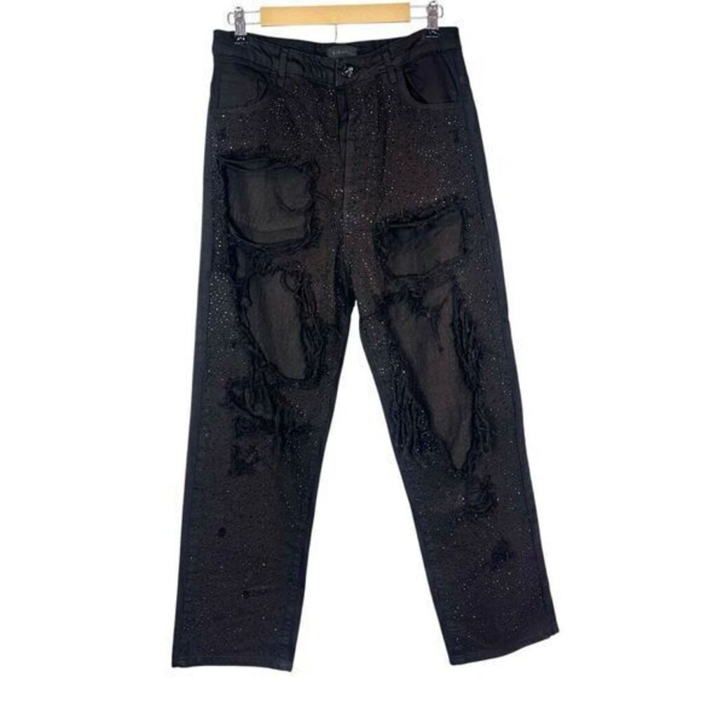 Kikiriki Studded Denim Jeans Women Small Black Sparkle Rip Distressed Button Fly